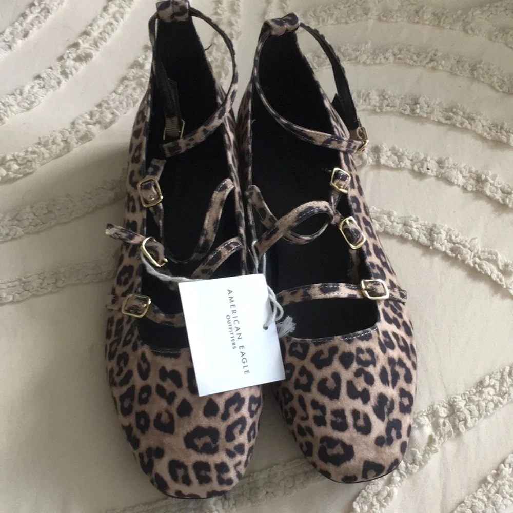 American Eagle Outfitters Leopard-Print Buckled Ankle Flats - Tan & Black 8